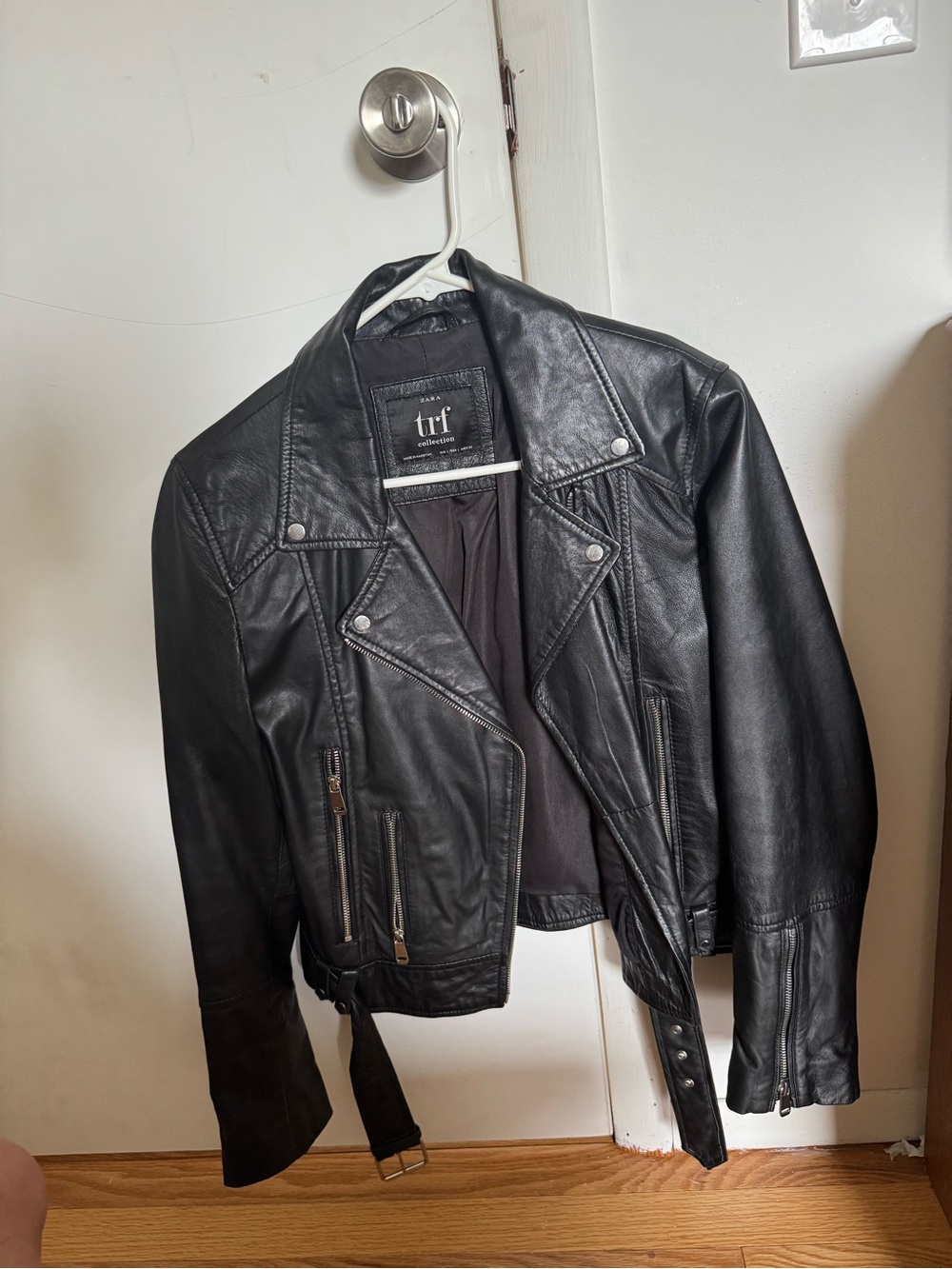 Zara Black Leather Bomber-Style Jacket